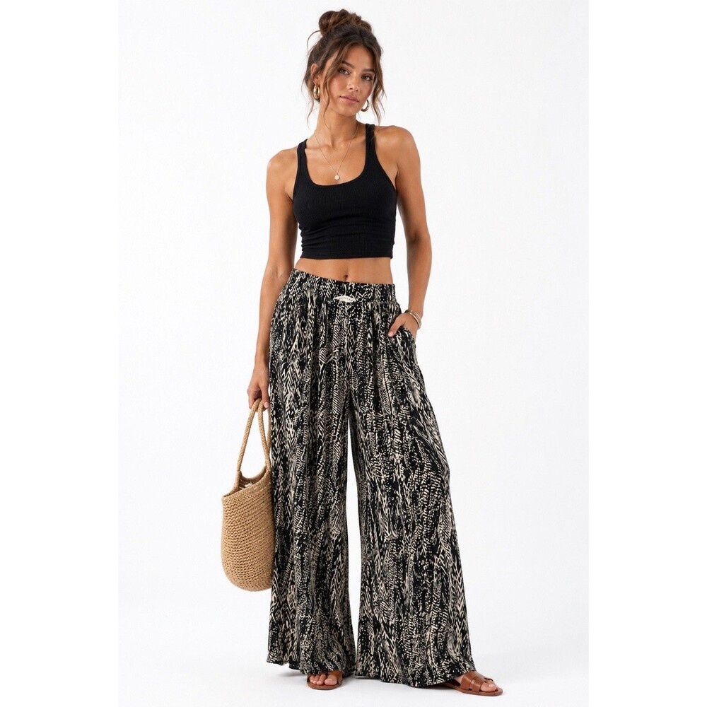 Stitch + Feather Black Cream Abstract Print Wide Leg Palazzo Pants Size L